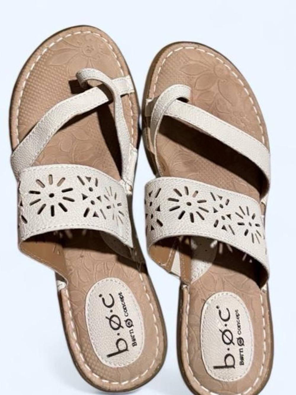 Born Cream Laser-Cut Toe-Loop Slide Sandals